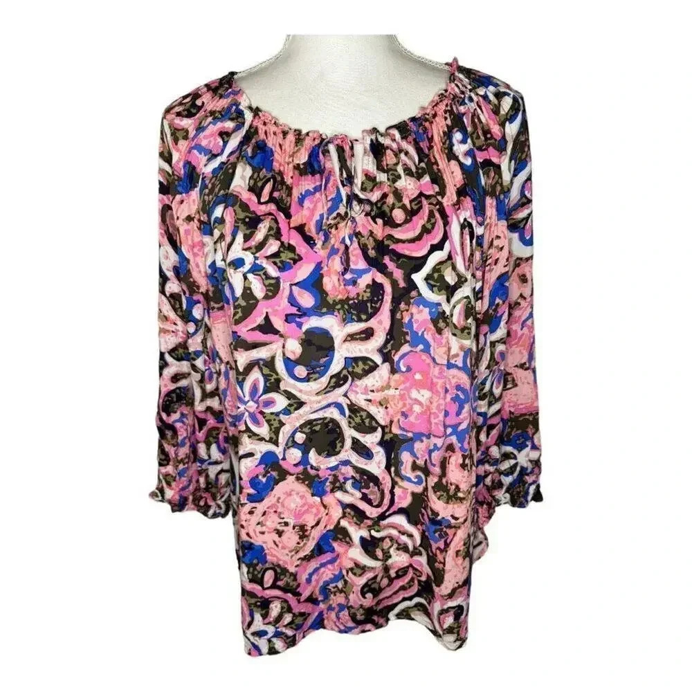 Talbots‎ Women’s Medium Pink Floral 3/4 Sleeve Tie Neck Peasant Top